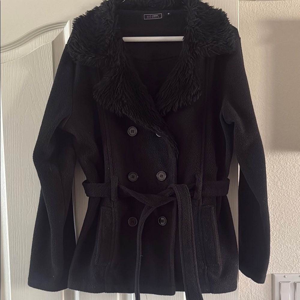 Black Pea Coat with Wide Lapel and Belt